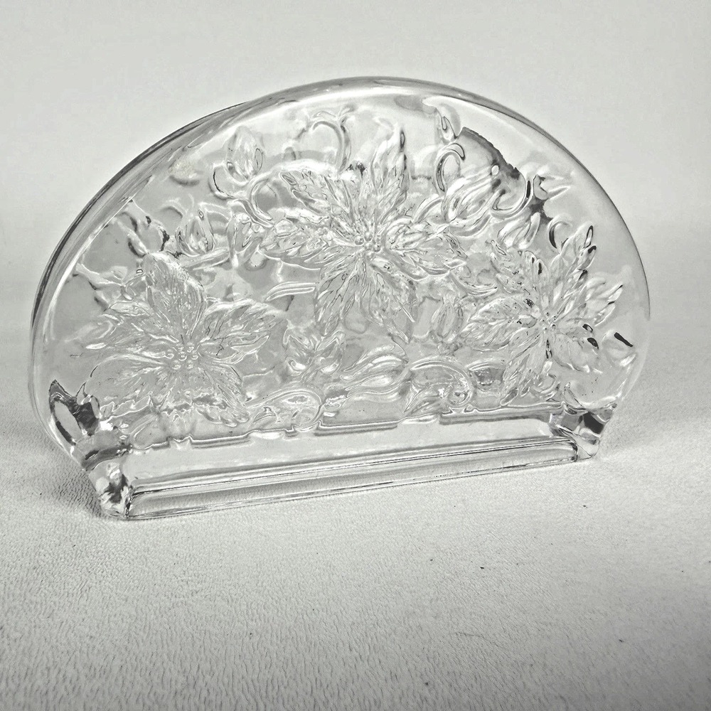 Princess House Fantasia Napkin Holder Clear Crystal Glass Poinsettias Vintage